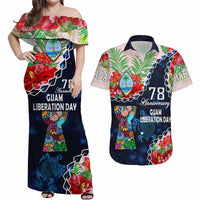 Blue off-shoulder Hawaiian-style dress with red hibiscus and anniversary graphic, Guam