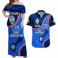 Blue off-shoulder maxi dress with Guam Liberation Day anniversary graphics