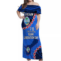 Blue off-shoulder long dress, Guam Liberation Day graphic print