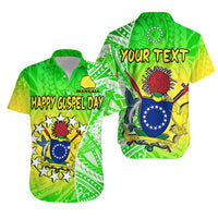Personalised Happy Gospel Day short-sleeve shirt, green with Polynesian emblem and shield graphic