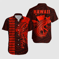 Red and black Hawaiian button-up shirt, chest graphic and 'HAWAII' text