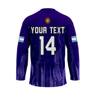 Purple jersey back with YOUR TEXT and number 14, hooded collar and crest badge