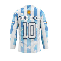 White/blue camo football hockey jersey back with hood, drawstring, 'YOUR TEXT' and 10