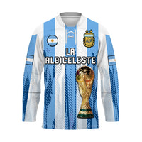 White and blue striped hockey jersey with lace-up collar and crest with trophy graphic