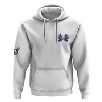 White hoodie with front winged skull graphic, drawstring hood and kangaroo pocket