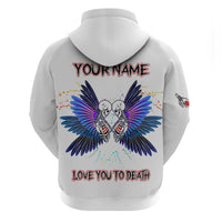 White back hoodie with 'YOURNAME' and 'LOVE YOU TO DEATH' text, winged skull print