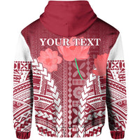 Zip hoodie back with maroon hood, 'YOUR TEXT' graphic, red floral and geometric pattern