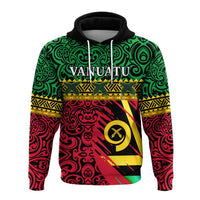 Green pullover hoodie with Vanuatu text and flag graphic, front view