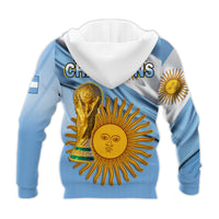 Argentina football hoodie back, blue body with sun-face and trophy graphic
