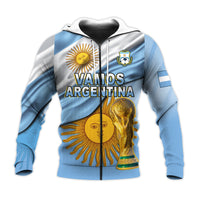 Argentina football zip hoodie, blue sleeves, white hood, front Vamos Argentina zipper graphic