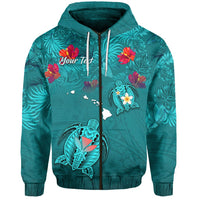 Custom Hawaiian Islands Zip Hoodie Hawaii Tropical Flowers and Turtles Turquoise LT13 - Wonder Print Shop