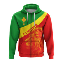 Red zip hoodie with green/yellow/red panel and Ethiopian cross & lion graphic