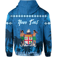 Blue pullover hoodie with drawstring hood and 'Your Text' crest scene artwork