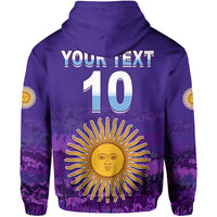 Purple hoodie back with YOUR TEXT, large 10, sun emblem graphic, and hood