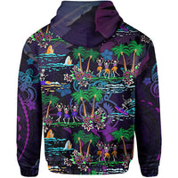 Purple hooded zip hoodie with back print of dancing skeletons, ocean waves and palm trees