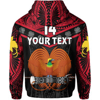 Black pullover hoodie front with red trim, 14 and YOUR TEXT over bird-and-gun graphic