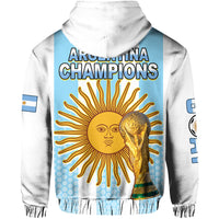 White and light-blue Argentina pullover hoodie with 'Argentina Champions' graphic, sun and trophy