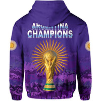 Purple football hoodie back with hood, ARGENTINA CHAMPIONS lettering and gold trophy print
