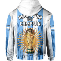 Argentina football hoodie back: white and blue stripes, 'Campeón 2022' with trophy graphic