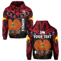 Black pullover hoodie with red tribal pattern, bird graphic, vertical KUMUL text