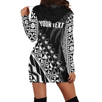 Hoodie dress back view, black with white tribal print and 'YOUR TEXT' on hooded back