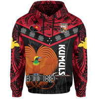 Black pullover hoodie with red tribal back print, vertical KUMUL logo and bird emblem