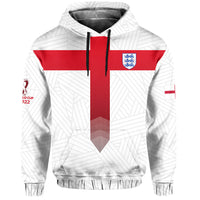 White pullover hoodie with red center stripe and England shield badge, black drawstrings
