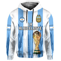 Argentina football hoodie: white with blue vertical stripes, AFA crest and trophy graphic
