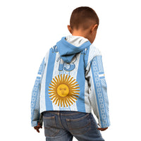 Kids football hoodie back view, light blue hood and stripes, large yellow sun print