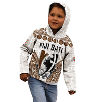 Kids white hoodie with hood and front Fiji Bati graphic, tapa pattern