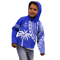 Kids blue zip hoodie with hood, front tapa pattern and palm graphic