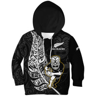 Custom Text And Number New Zealand 2022 Rugby Hoodie KID All Black Silver Fern Maori Pattern Version Black - Wonder Print Shop