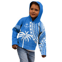 Kids blue hoodie with hood and front Polynesian tapa print, full-length zipper