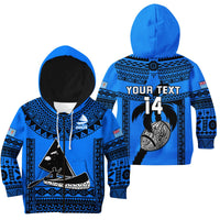 Blue kids rugby hoodie with hood, patterned yoke, YOUR TEXT banner and number 14 graphic