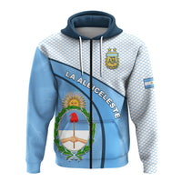 Blue Argentina football hoodie front with LA ALBICELESTE stripe and laurel emblem