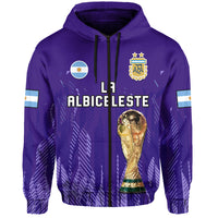 Purple pullover hoodie with hood and drawstrings, LA Albiceleste text and trophy on front