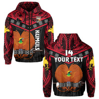 Black pullover hoodie with red tribal print, bird graphic, KUMUL, 14, YOUR TEXT