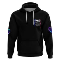 Black pullover hoodie with neon skull-and-heart chest print, drawstring hood and pouch pocket