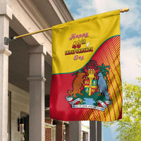 Yellow and red independence day garden flag with coat of arms and Happy 49th Independence Day