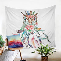 Floral dreamcatcher tapestry with roses, leaves, and multicolor feathers on white fabric.