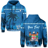 Blue pullover hoodie with drawstring hood and tropical palm graphic, 'Fiji Day' print