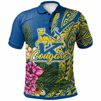 Blue polo shirt with tropical floral print, cougar logo and Hawaii-style text graphic