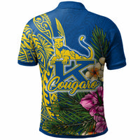 Back view blue polo with yellow tribal pattern, cougar emblem, plants and flowers print