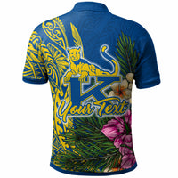 Back view blue polo with 'Your Text' placeholder over tropical leaves and pink flowers