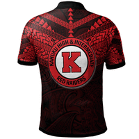 Red polo back with black collar, Kahuku High & Intermediate circular K Red Raiders logo