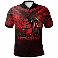 Red polo shirt with black collar, Kahuku Red Raiders hawk graphic and KA HUKU text