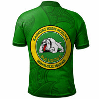 Green polo shirt with back circular Kaimuki High School Bulldogs emblem