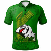 Green custom polo shirt with bulldog graphic, gold patterns, and KAIMUKI logo on front