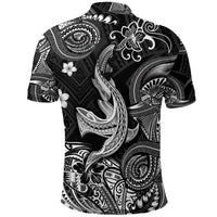 Black polo shirt with white tiki-style shark graphic and floral motifs, button collar
