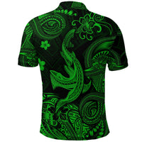 Green polo shirt back with polynesian tribal print and shark graphic
